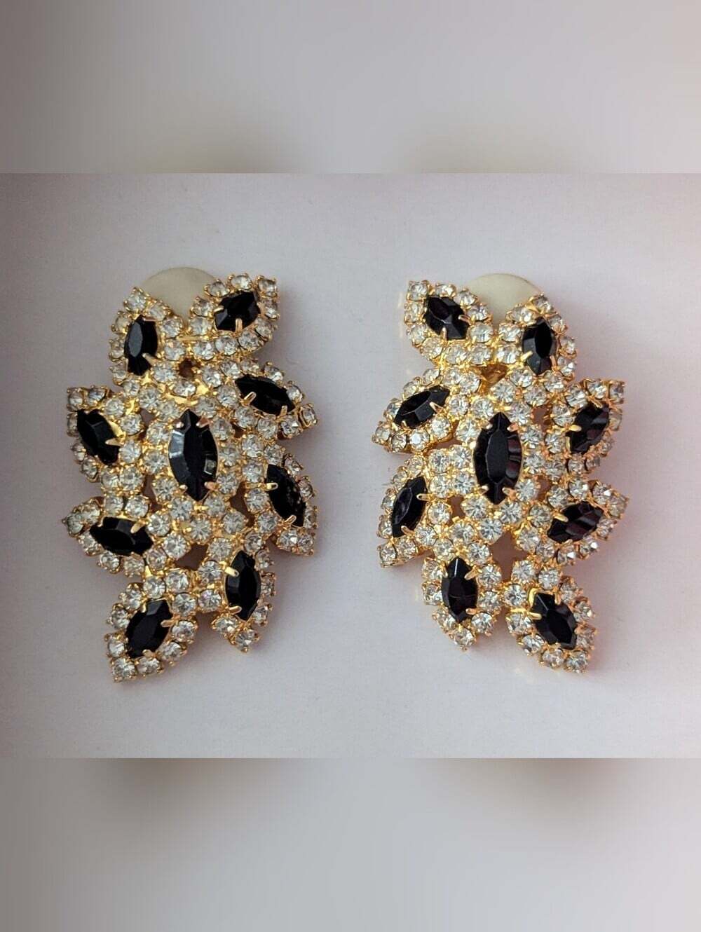 Gold-Tone Clip-On Earrings w/Marquis-Cut Black Stones Surrounded By Rhinestones